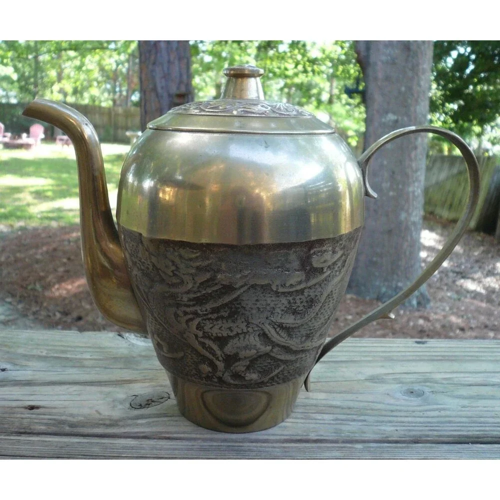 Vintage Oriental Brass 3 Piece Dragon Tea Set Teapot Creamer Sugar Bowl